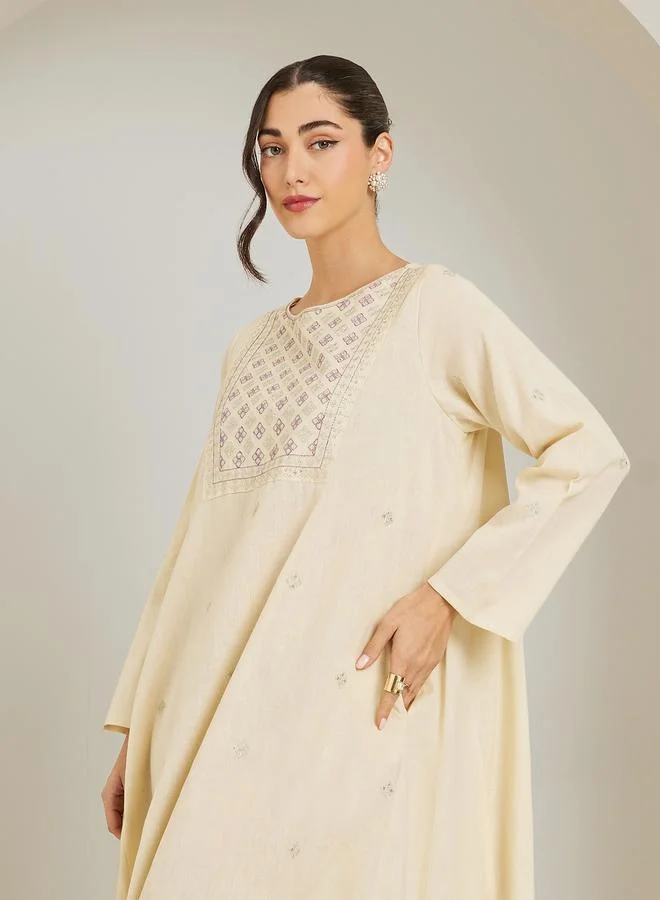 Amirah Women Cream Embroidered A-Line Jalabiya